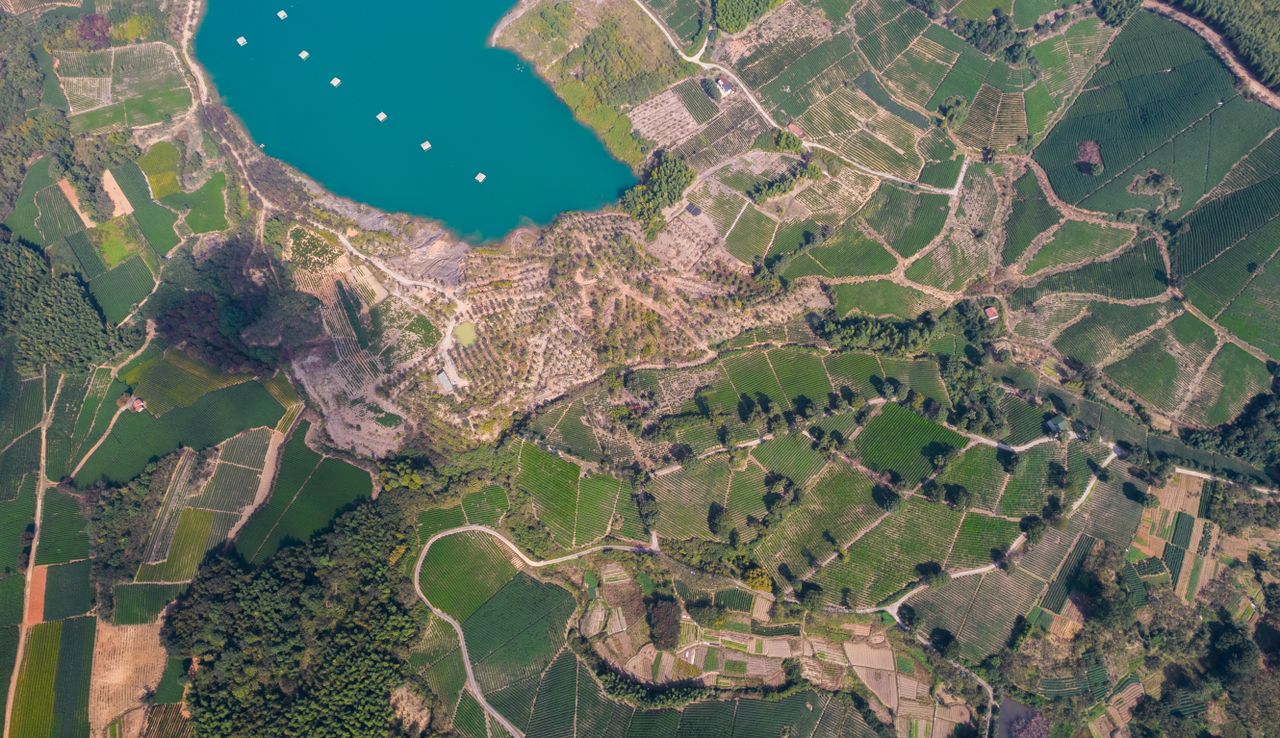 Home Stunning aerial view of lush farmland surrounding a tranquil lake.